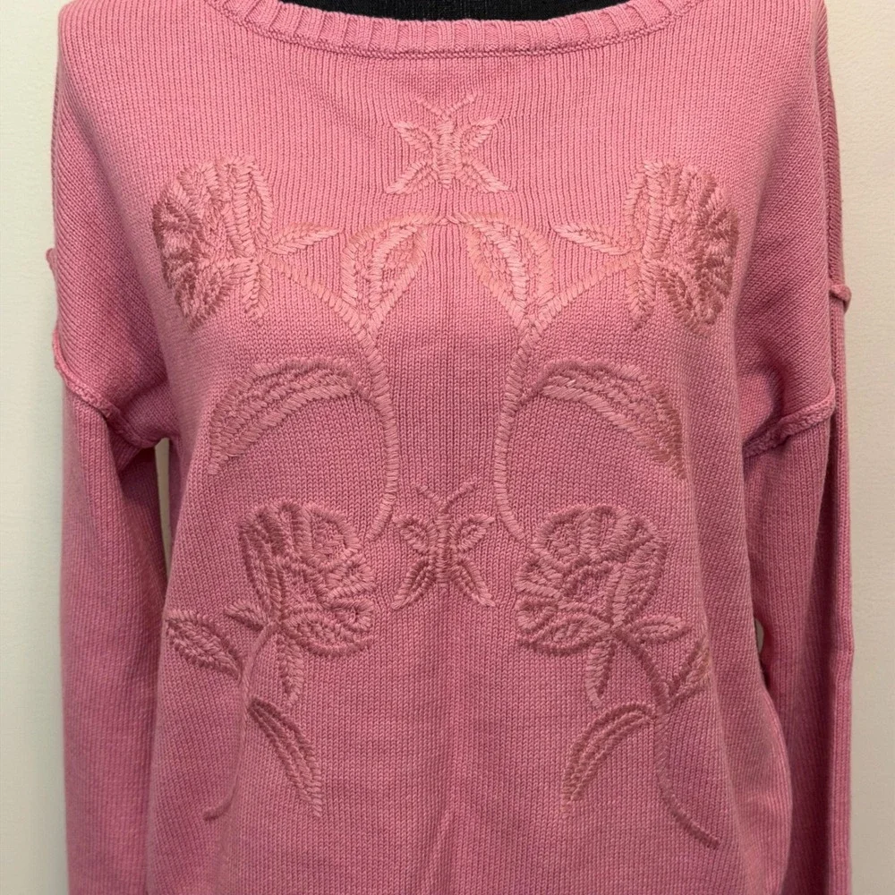 Haute Hippie Style Pink Floral Butterfly Embroidered Knit Sweater‎ Womens M Boho